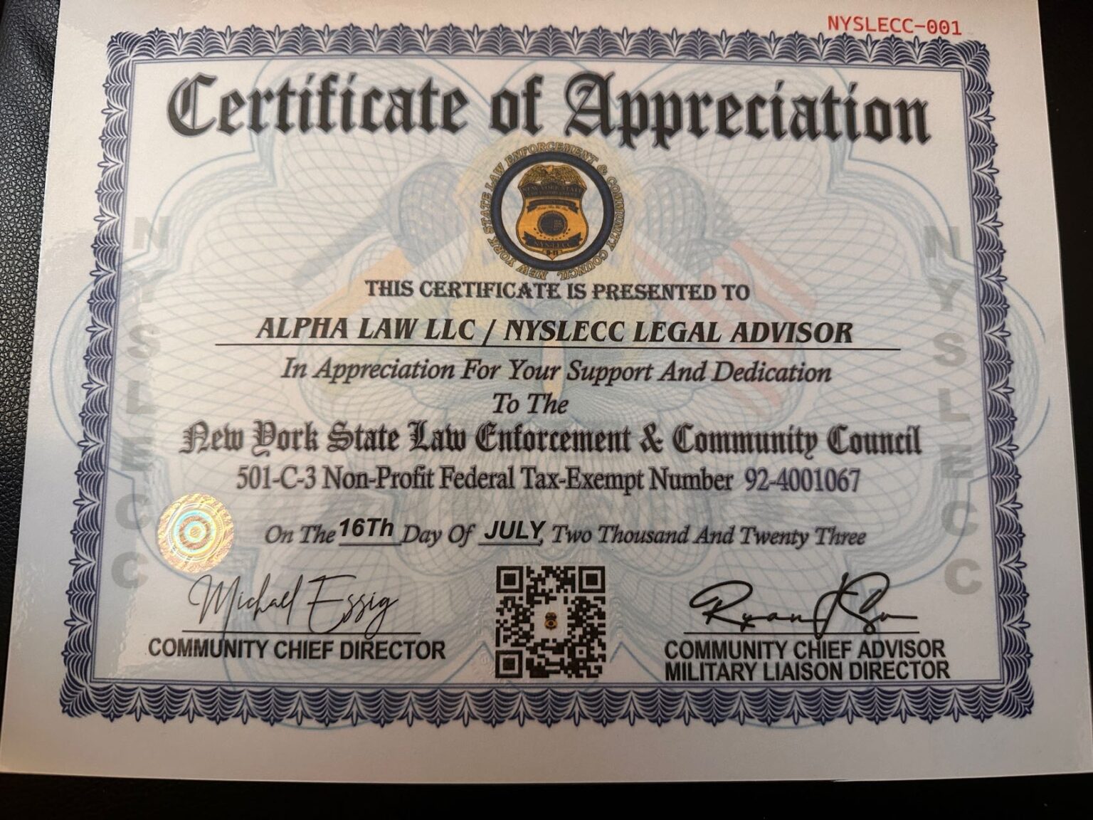 20230716 new york state law enforcement & community council — certificate of appreciation