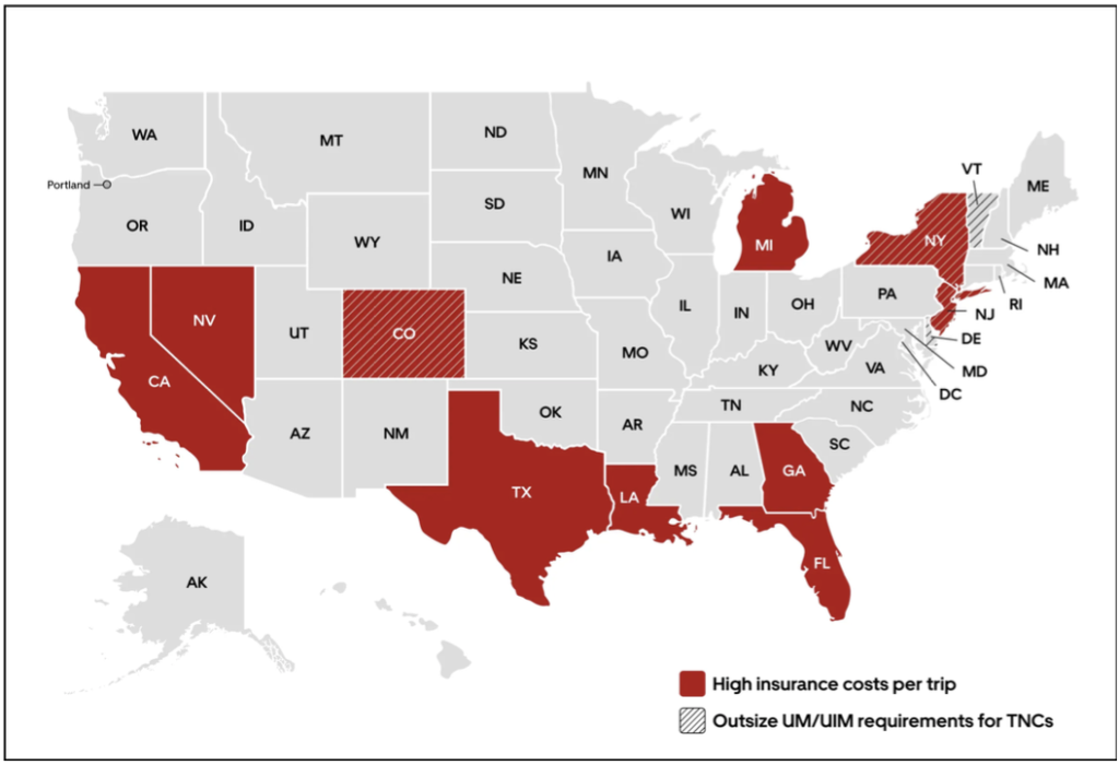 Uber highlighting U.S. states it considers to have unfavorable insurance and claims requirements for rideshare trips